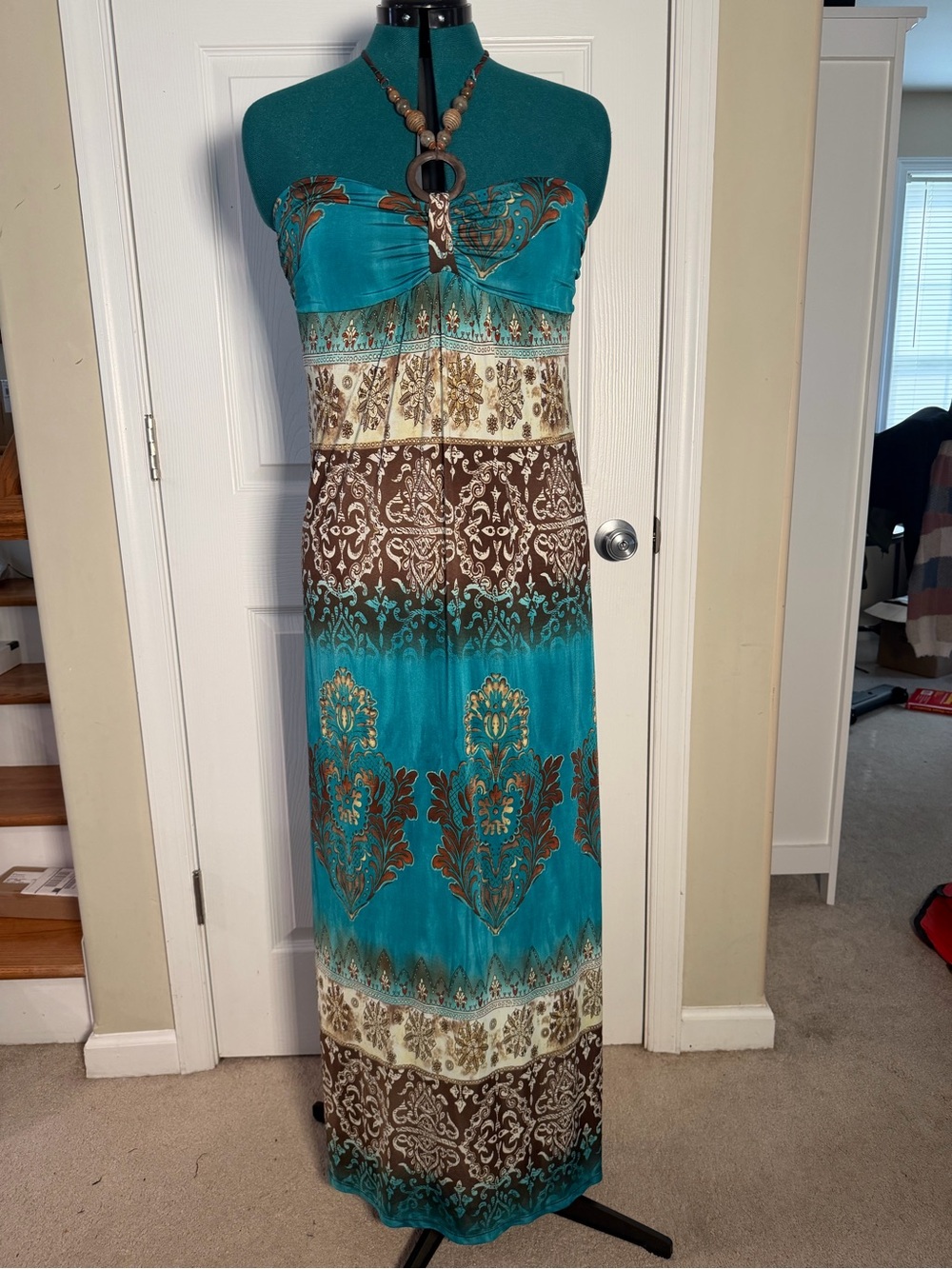 Body Central Y2K Boho Turquoise & Brown Paisley Beaded Ring Halter Maxi Dress